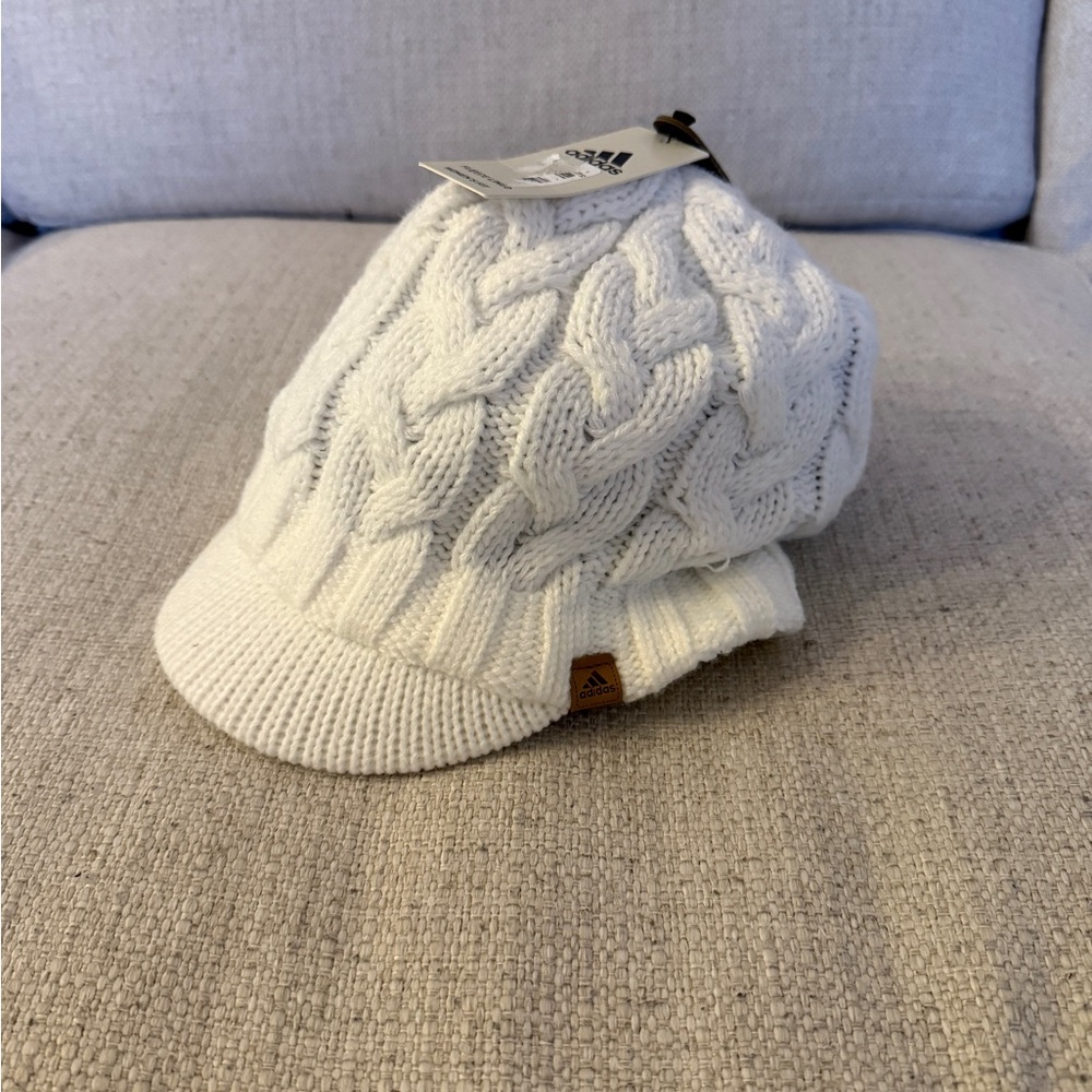 Adidas White Cable Knit Hat with Brim